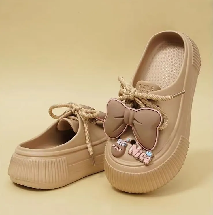 Women's Soft Sole Platform Clogs – Cute DIY Summer Beach Shoes with Bow Knot & Lace-Up Design, Comfortable Garden Mules for Women, Casual Closed-Toe Slippers