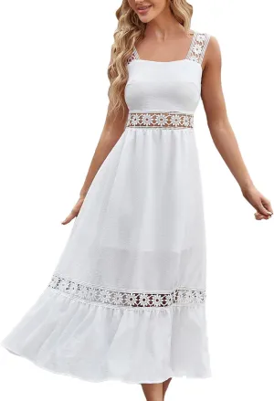 Women's Solid Color Lace Trim Square Neck Sleeveless Midi Dress Winter Dress for Women Plus Size