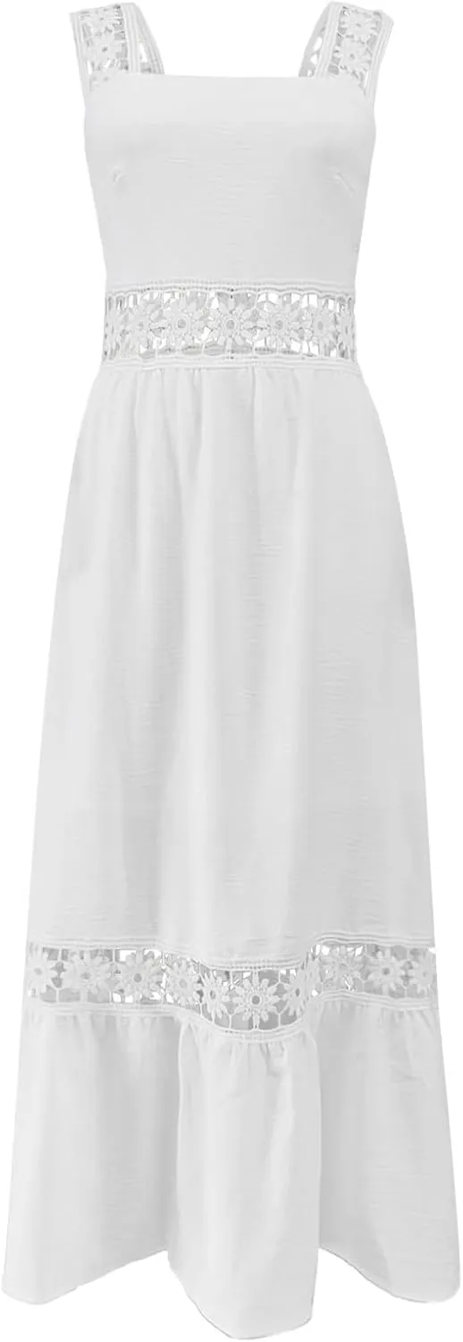 Women's Solid Color Lace Trim Square Neck Sleeveless Midi Dress Winter Dress for Women Plus Size