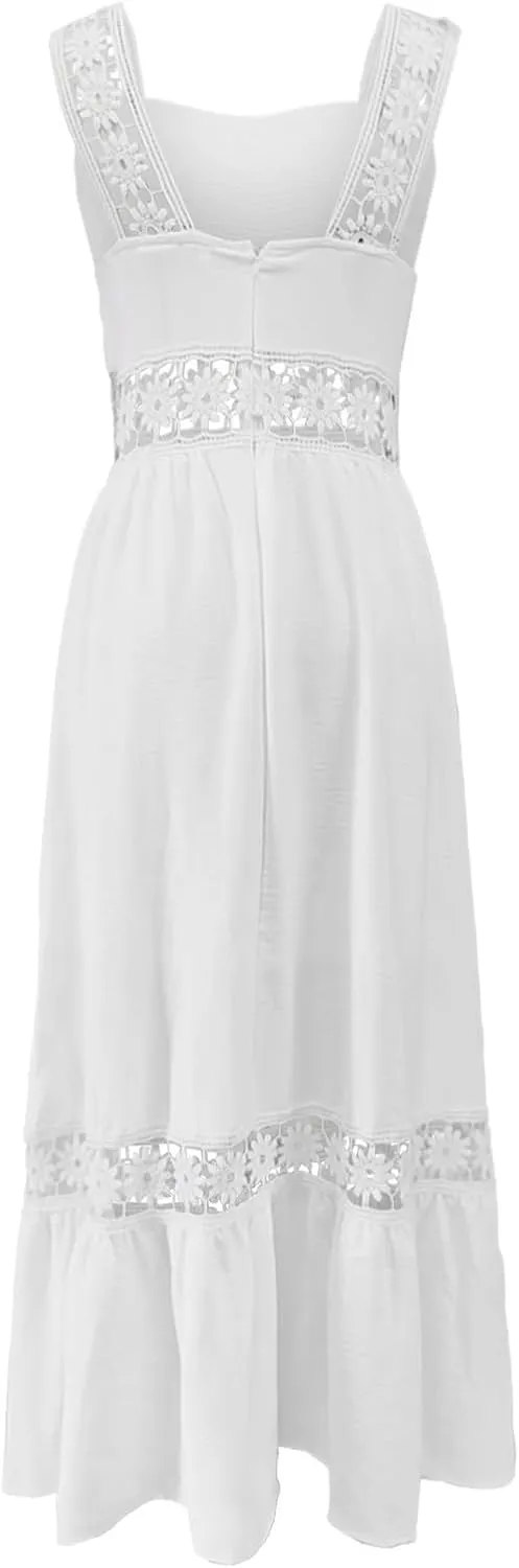 Women's Solid Color Lace Trim Square Neck Sleeveless Midi Dress Winter Dress for Women Plus Size