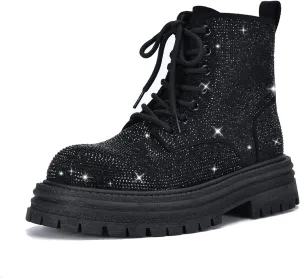 Women's Sparkly Rhinestone Low Chunky Round Toe Ankle Boots Comfortable Non-slip Side Zipper Platform Mid-Calf Boot for Wedding Party Date Dress