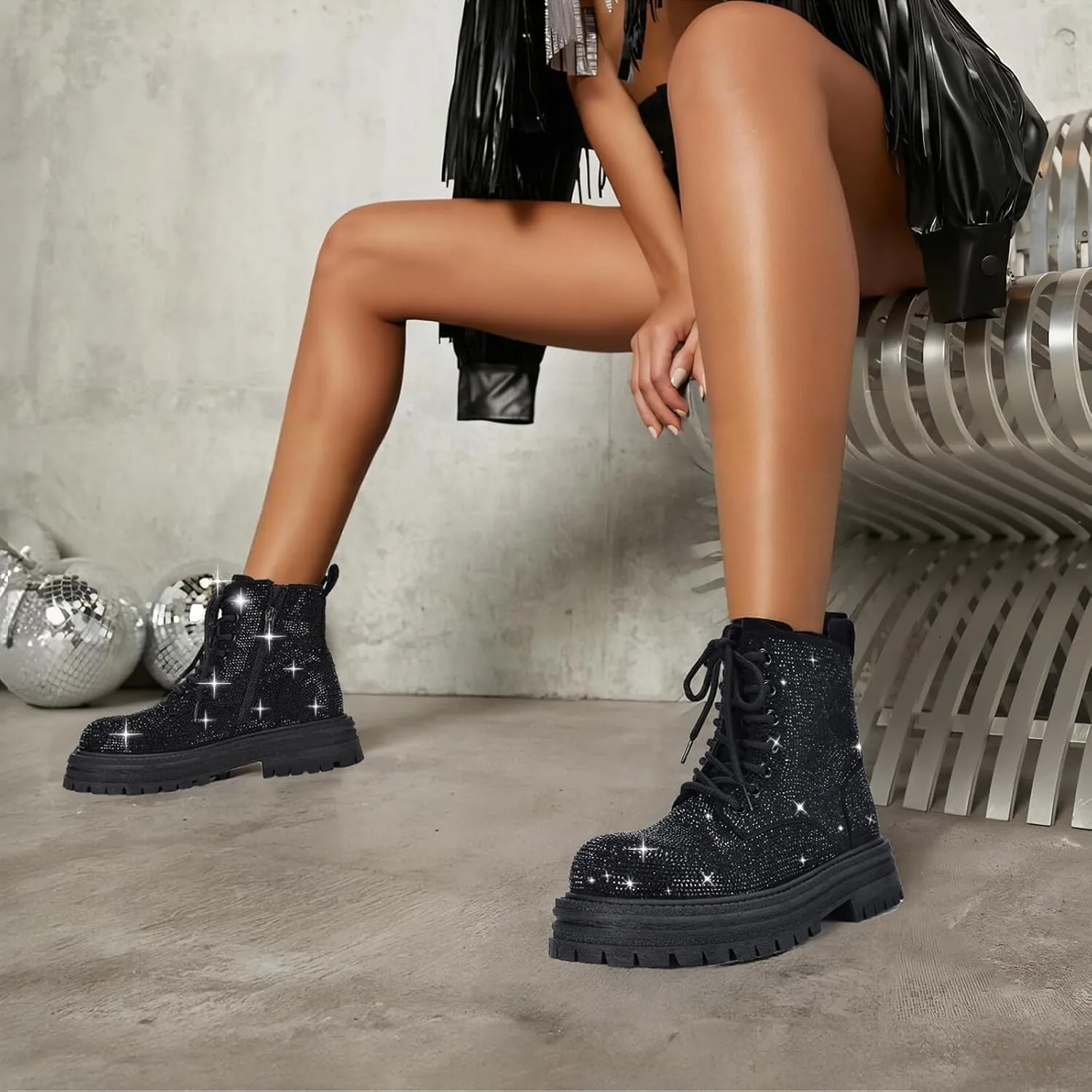 Women's Sparkly Rhinestone Low Chunky Round Toe Ankle Boots Comfortable Non-slip Side Zipper Platform Mid-Calf Boot for Wedding Party Date Dress