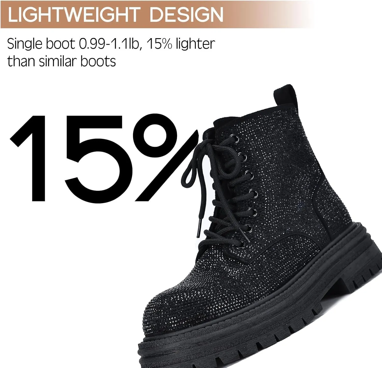 Women's Sparkly Rhinestone Low Chunky Round Toe Ankle Boots Comfortable Non-slip Side Zipper Platform Mid-Calf Boot for Wedding Party Date Dress