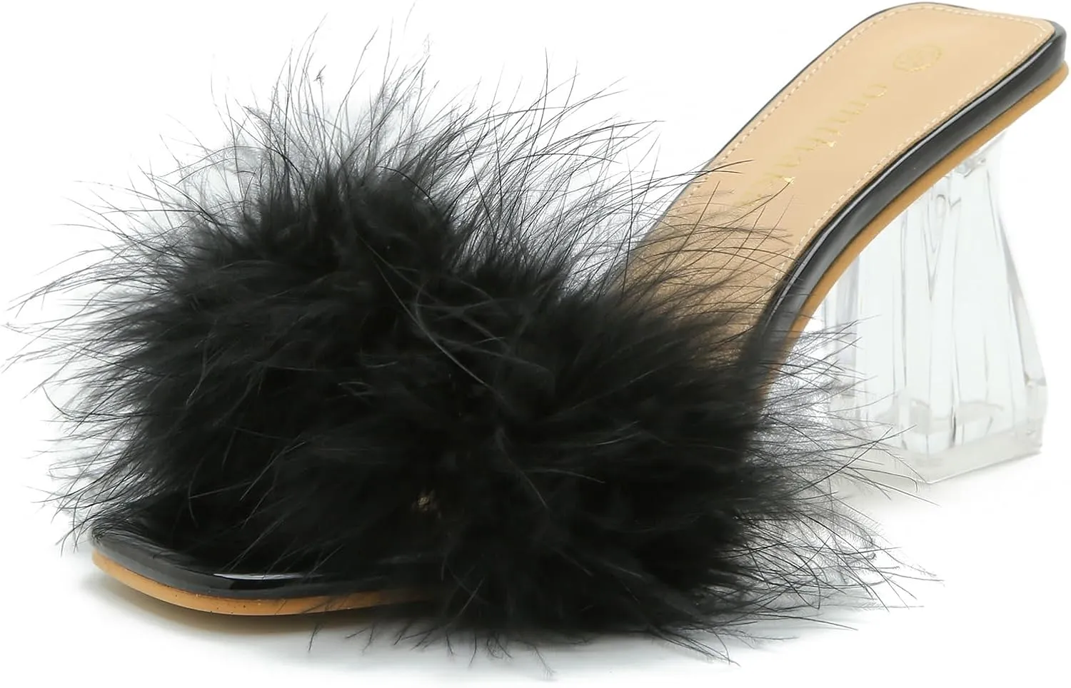 Women's Square Toe Fluffy Slippers Clear Heels Feather Chunky Block High Heeled Mules Slip on Wedding Bride Party Sandals