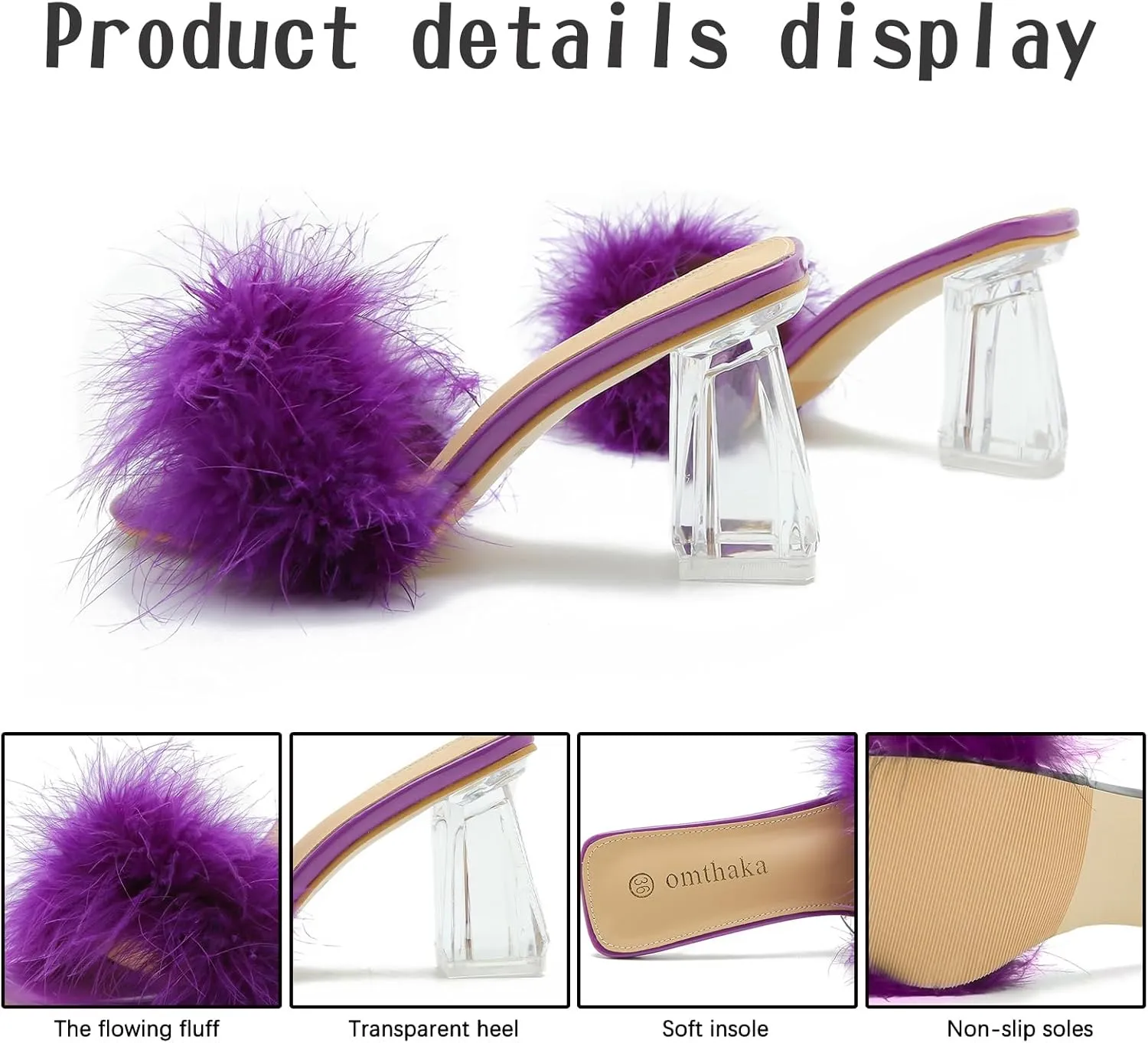 Women's Square Toe Fluffy Slippers Clear Heels Feather Chunky Block High Heeled Mules Slip on Wedding Bride Party Sandals