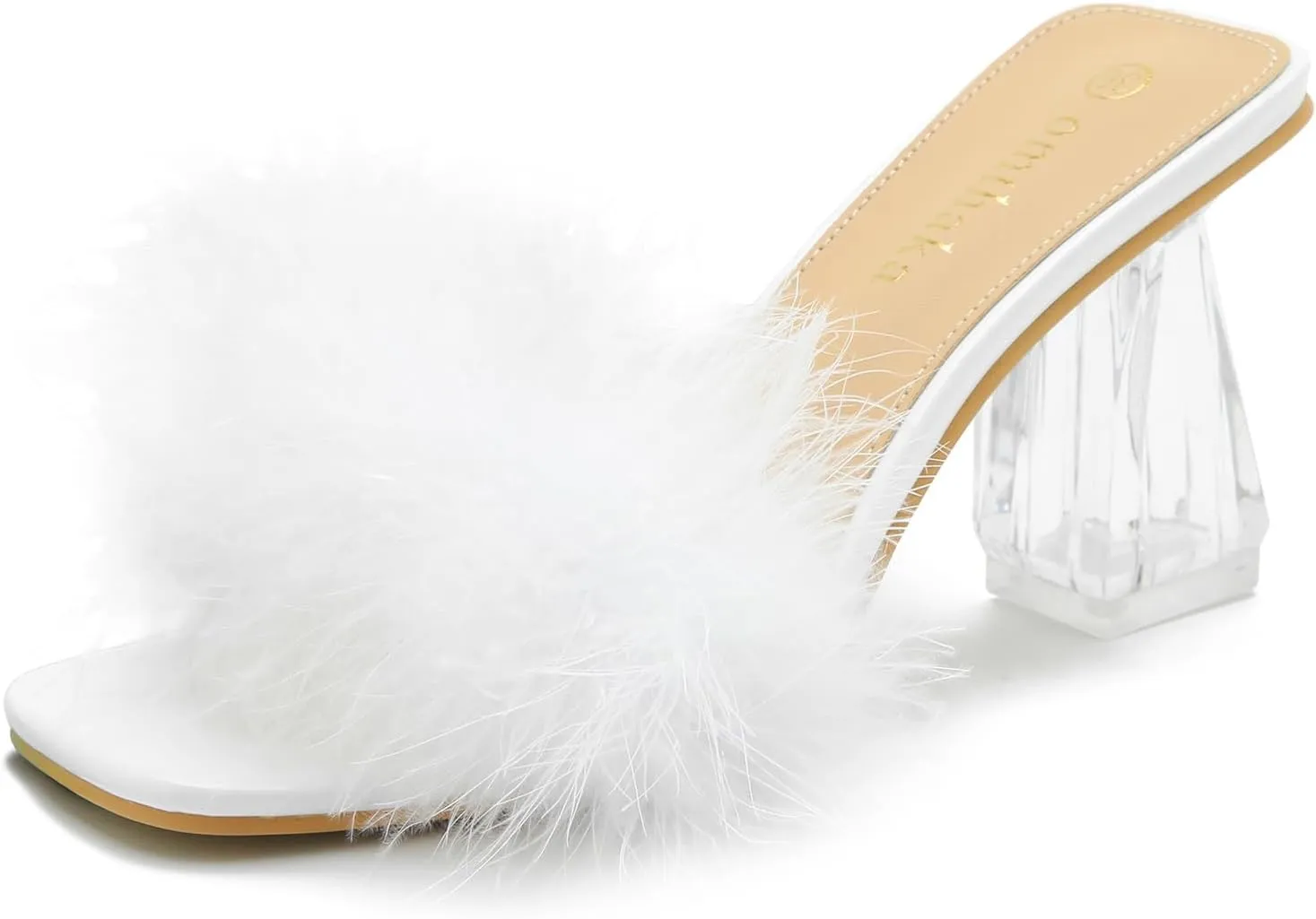 Women's Square Toe Fluffy Slippers Clear Heels Feather Chunky Block High Heeled Mules Slip on Wedding Bride Party Sandals