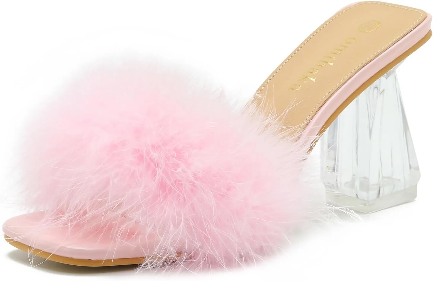 Women's Square Toe Fluffy Slippers Clear Heels Feather Chunky Block High Heeled Mules Slip on Wedding Bride Party Sandals