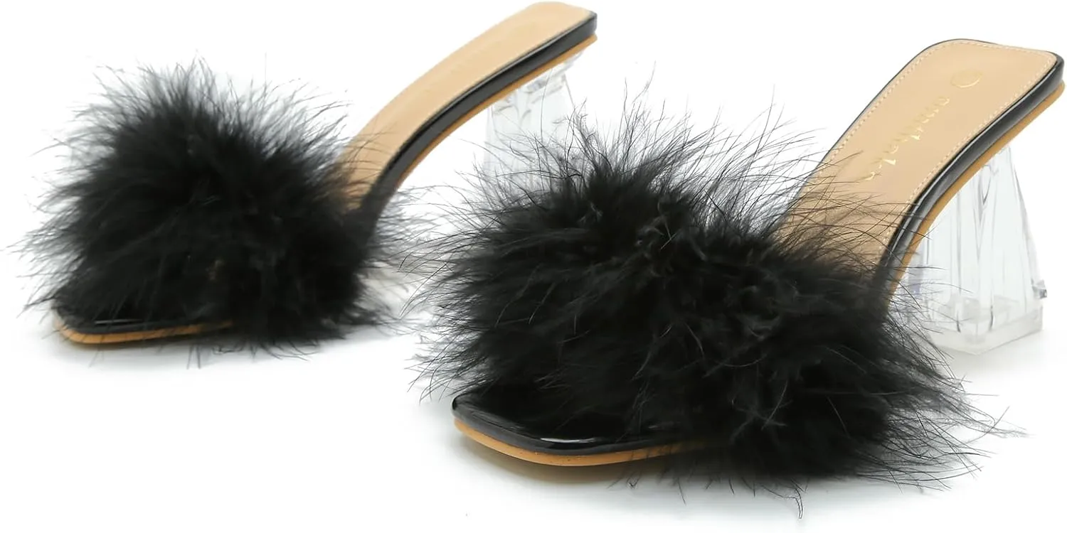 Women's Square Toe Fluffy Slippers Clear Heels Feather Chunky Block High Heeled Mules Slip on Wedding Bride Party Sandals