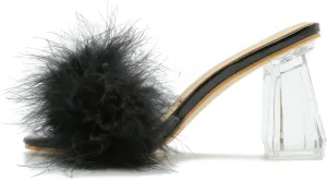 Women's Square Toe Fluffy Slippers Clear Heels Feather Chunky Block High Heeled Mules Slip on Wedding Bride Party Sandals