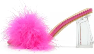 Women's Square Toe Fluffy Slippers Clear Heels Feather Chunky Block High Heeled Mules Slip on Wedding Bride Party Sandals