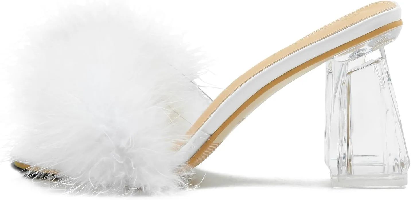 Women's Square Toe Fluffy Slippers Clear Heels Feather Chunky Block High Heeled Mules Slip on Wedding Bride Party Sandals