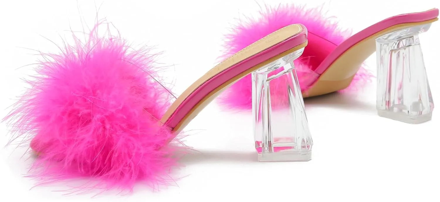 Women's Square Toe Fluffy Slippers Clear Heels Feather Chunky Block High Heeled Mules Slip on Wedding Bride Party Sandals