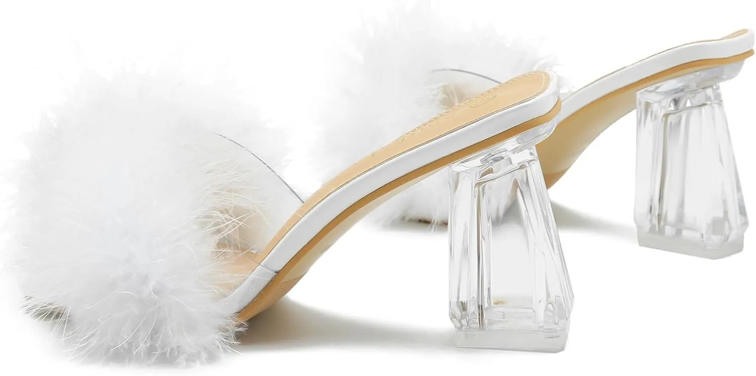 Women's Square Toe Fluffy Slippers Clear Heels Feather Chunky Block High Heeled Mules Slip on Wedding Bride Party Sandals