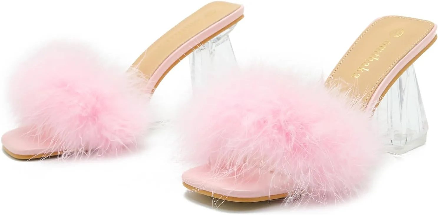 Women's Square Toe Fluffy Slippers Clear Heels Feather Chunky Block High Heeled Mules Slip on Wedding Bride Party Sandals