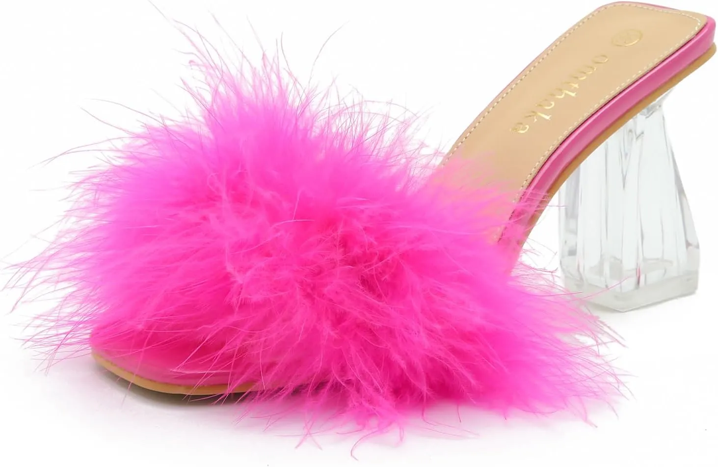 Women's Square Toe Fluffy Slippers Clear Heels Feather Chunky Block High Heeled Mules Slip on Wedding Bride Party Sandals