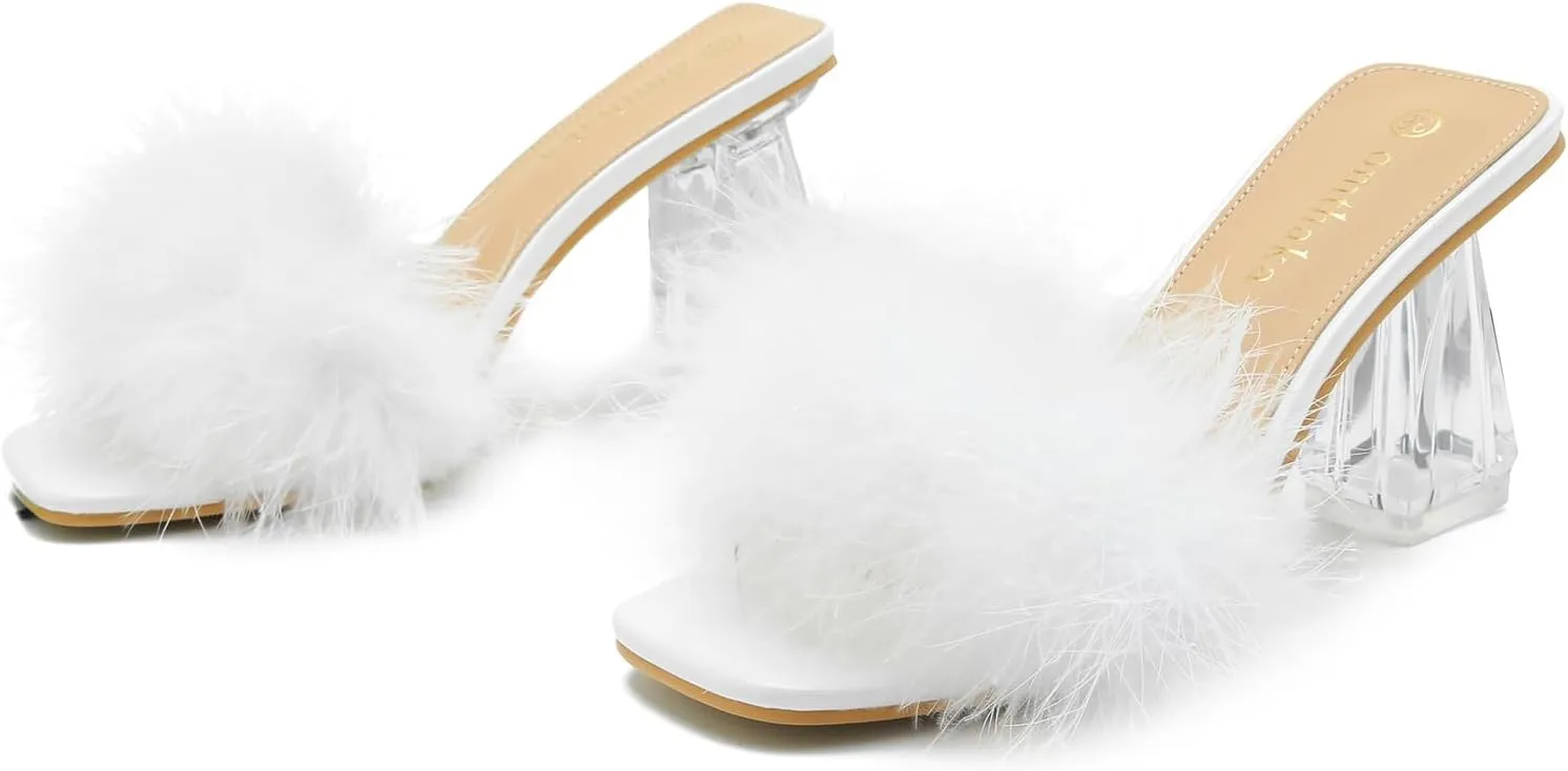 Women's Square Toe Fluffy Slippers Clear Heels Feather Chunky Block High Heeled Mules Slip on Wedding Bride Party Sandals