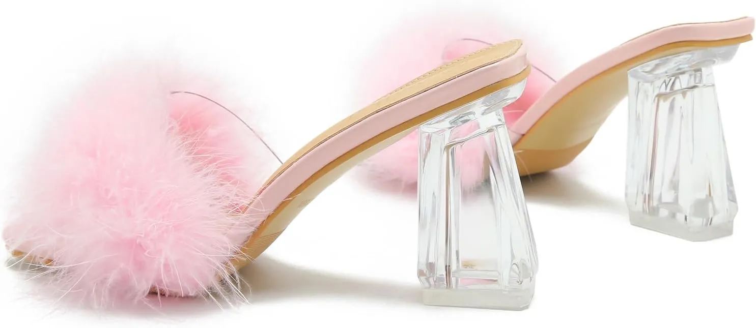 Women's Square Toe Fluffy Slippers Clear Heels Feather Chunky Block High Heeled Mules Slip on Wedding Bride Party Sandals