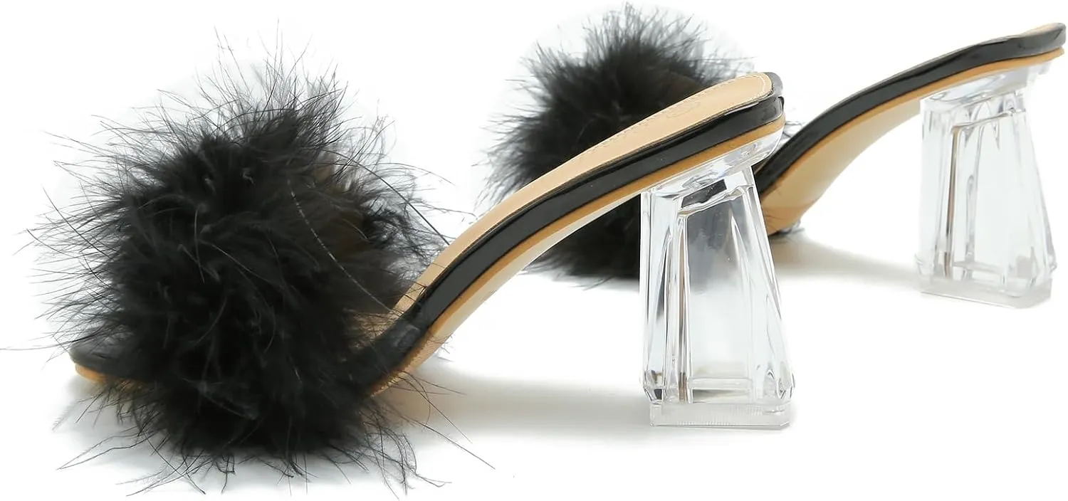 Women's Square Toe Fluffy Slippers Clear Heels Feather Chunky Block High Heeled Mules Slip on Wedding Bride Party Sandals