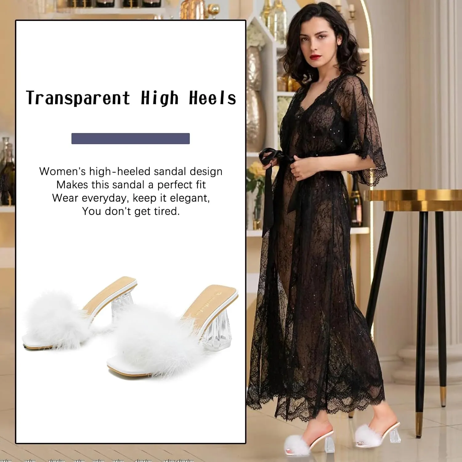 Women's Square Toe Fluffy Slippers Clear Heels Feather Chunky Block High Heeled Mules Slip on Wedding Bride Party Sandals