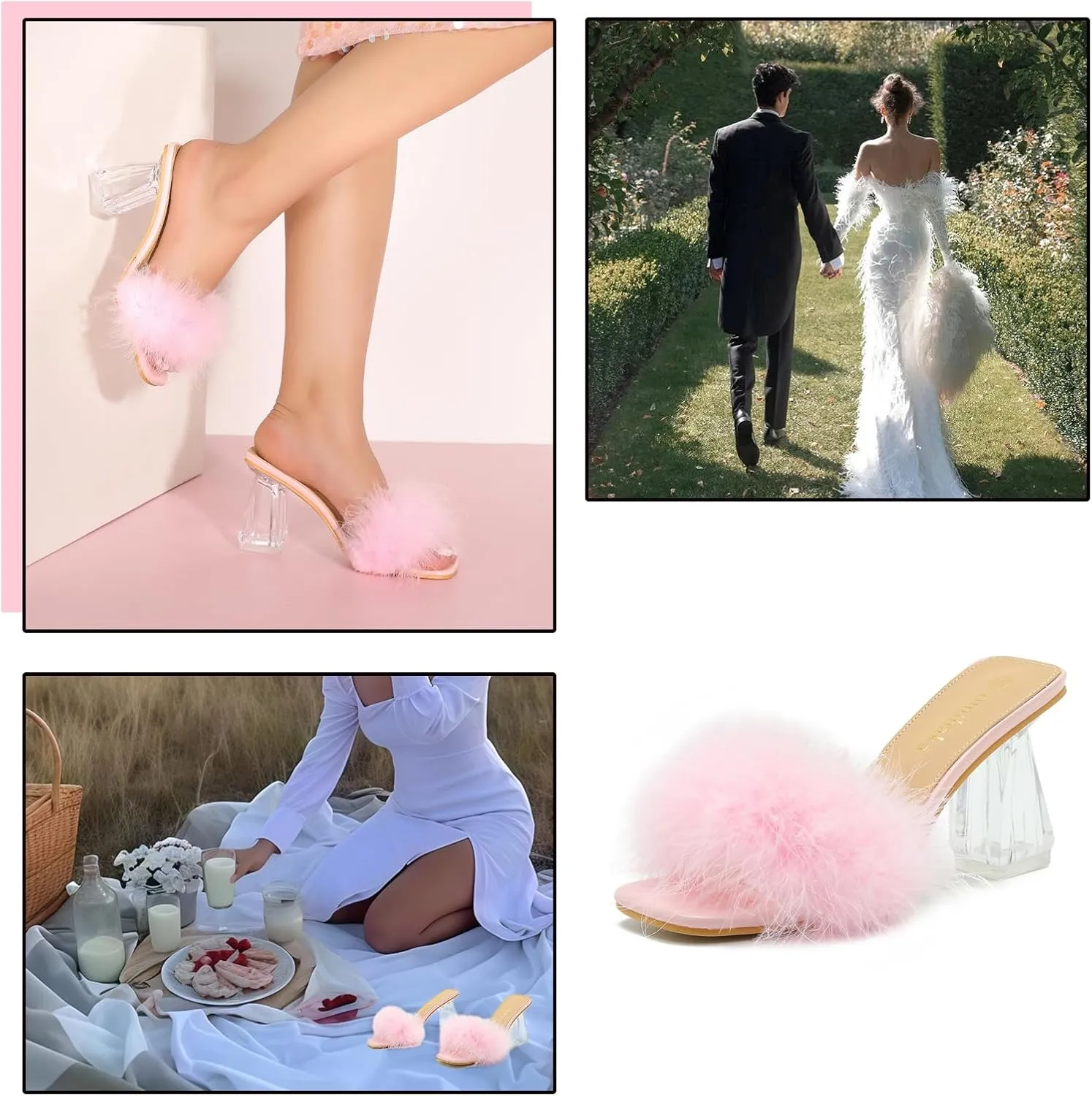 Women's Square Toe Fluffy Slippers Clear Heels Feather Chunky Block High Heeled Mules Slip on Wedding Bride Party Sandals