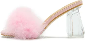 Women's Square Toe Fluffy Slippers Clear Heels Feather Chunky Block High Heeled Mules Slip on Wedding Bride Party Sandals