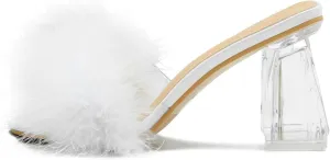 Women's Square Toe Fluffy Slippers Clear Heels Feather Chunky Block High Heeled Mules Slip on Wedding Bride Party Sandals