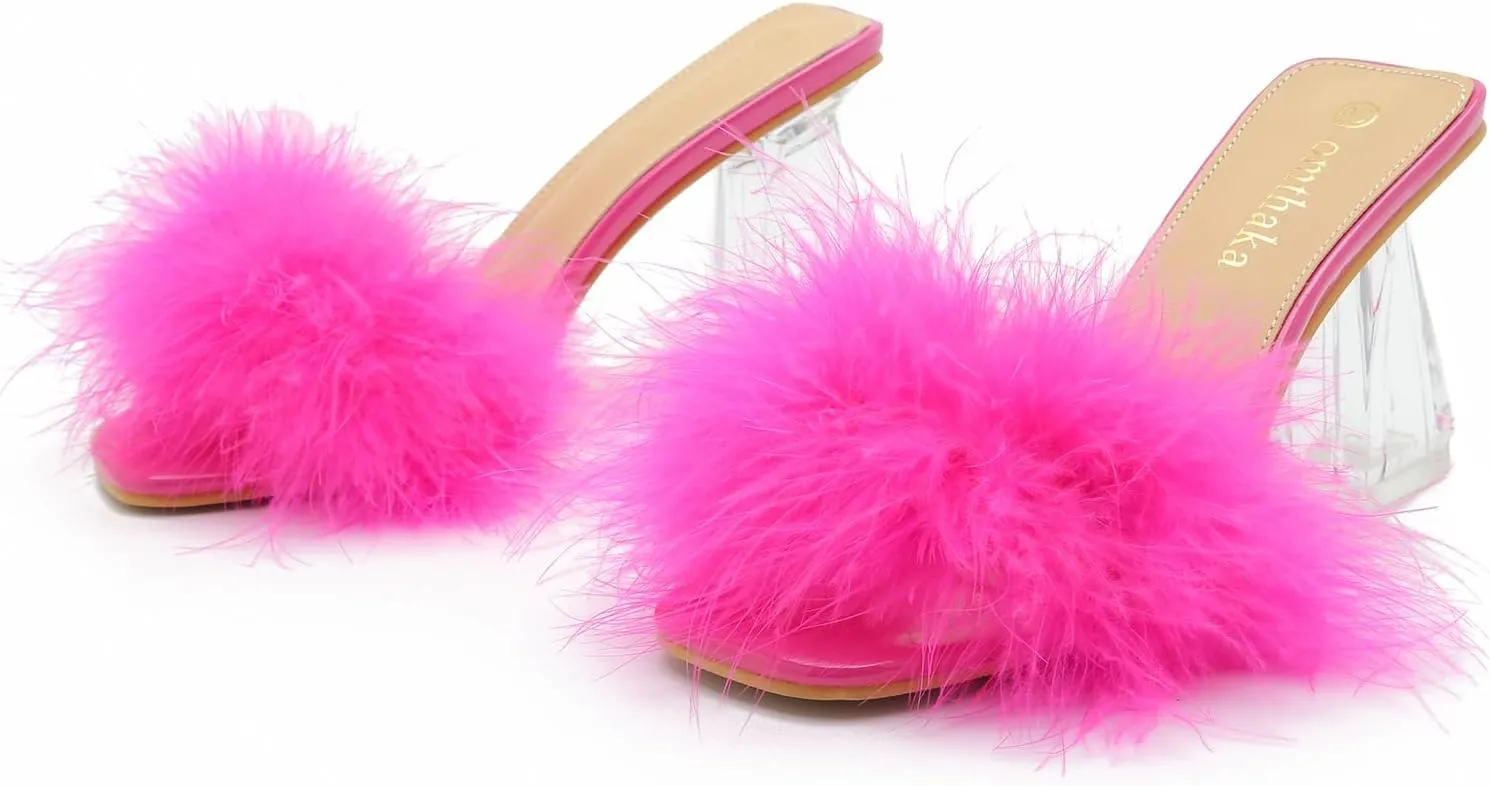 Women's Square Toe Fluffy Slippers Clear Heels Feather Chunky Block High Heeled Mules Slip on Wedding Bride Party Sandals