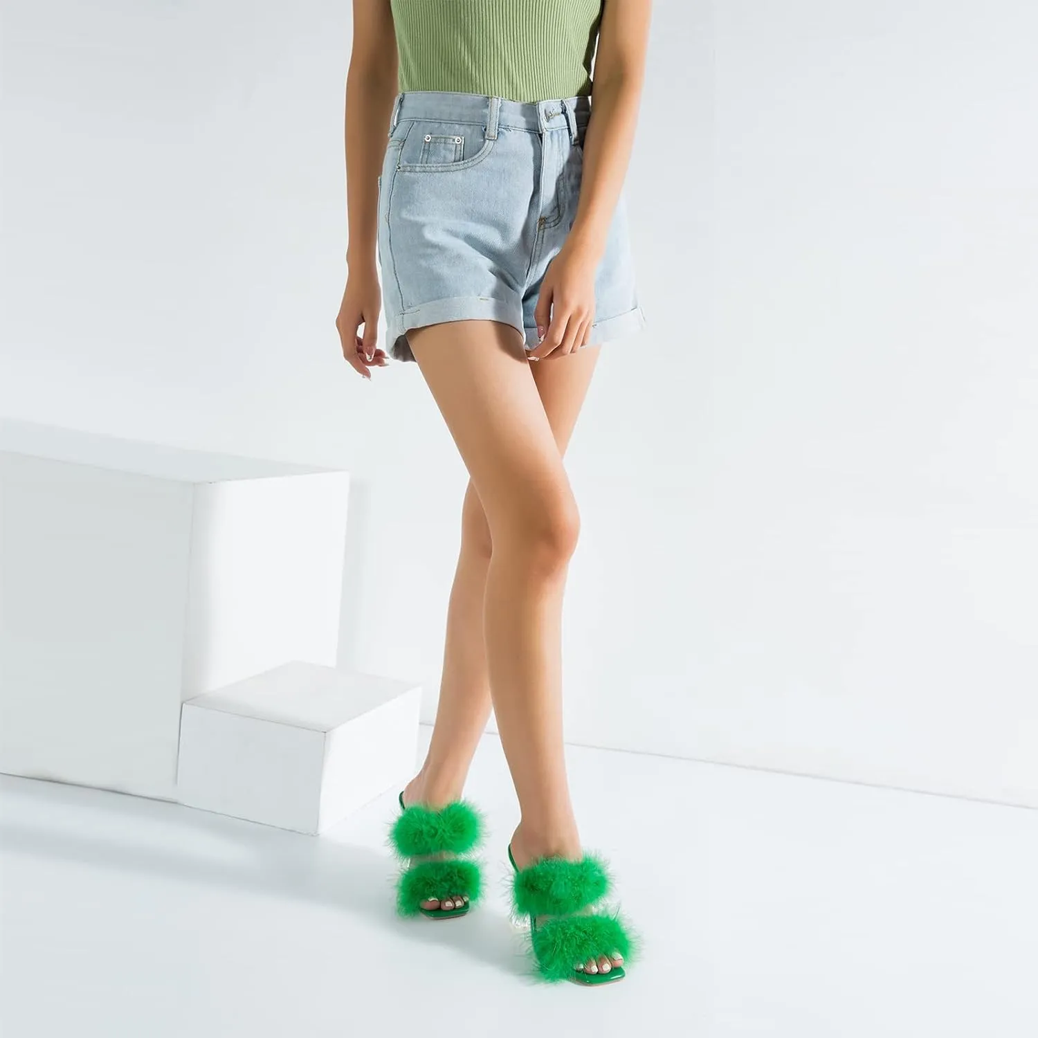 Women's Square Toe Fuzzy Heels High Clear Heel Mules Sandals Two Fluffy Feather Bands Slippers Party Prom Dresses Shoes