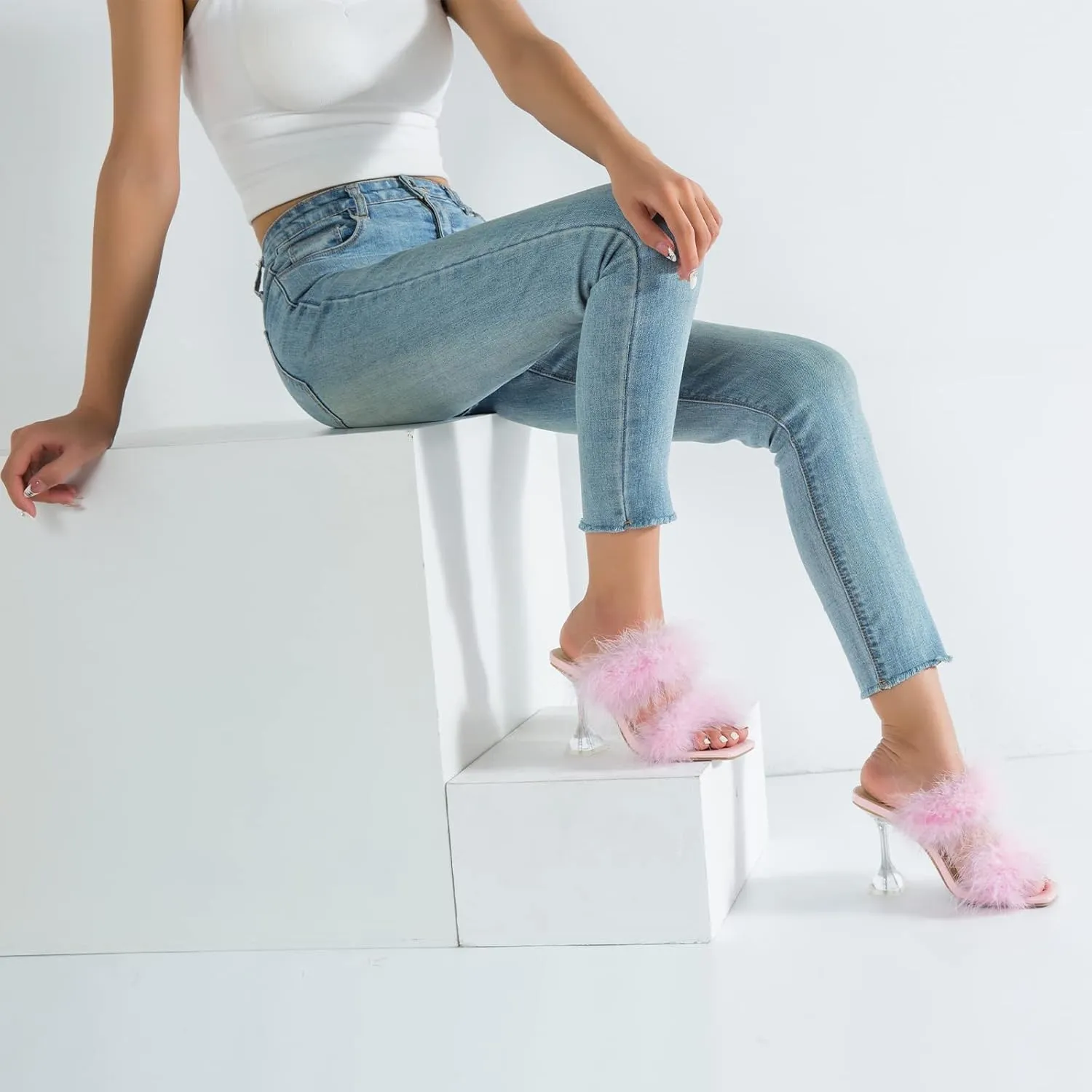 Women's Square Toe Fuzzy Heels High Clear Heel Mules Sandals Two Fluffy Feather Bands Slippers Party Prom Dresses Shoes