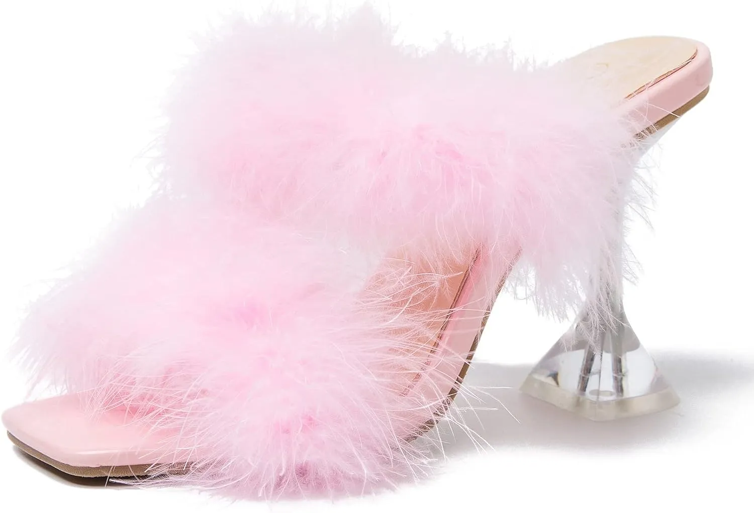 Women's Square Toe Fuzzy Heels High Clear Heel Mules Sandals Two Fluffy Feather Bands Slippers Party Prom Dresses Shoes
