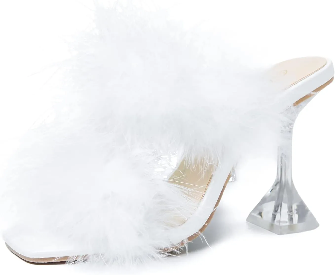 Women's Square Toe Fuzzy Heels High Clear Heel Mules Sandals Two Fluffy Feather Bands Slippers Party Prom Dresses Shoes