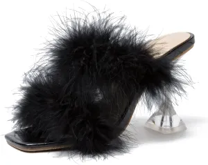 Women's Square Toe Fuzzy Heels High Clear Heel Mules Sandals Two Fluffy Feather Bands Slippers Party Prom Dresses Shoes