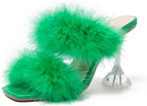 Women's Square Toe Fuzzy Heels High Clear Heel Mules Sandals Two Fluffy Feather Bands Slippers Party Prom Dresses Shoes