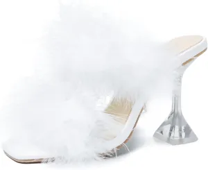 Women's Square Toe Fuzzy Heels High Clear Heel Mules Sandals Two Fluffy Feather Bands Slippers Party Prom Dresses Shoes