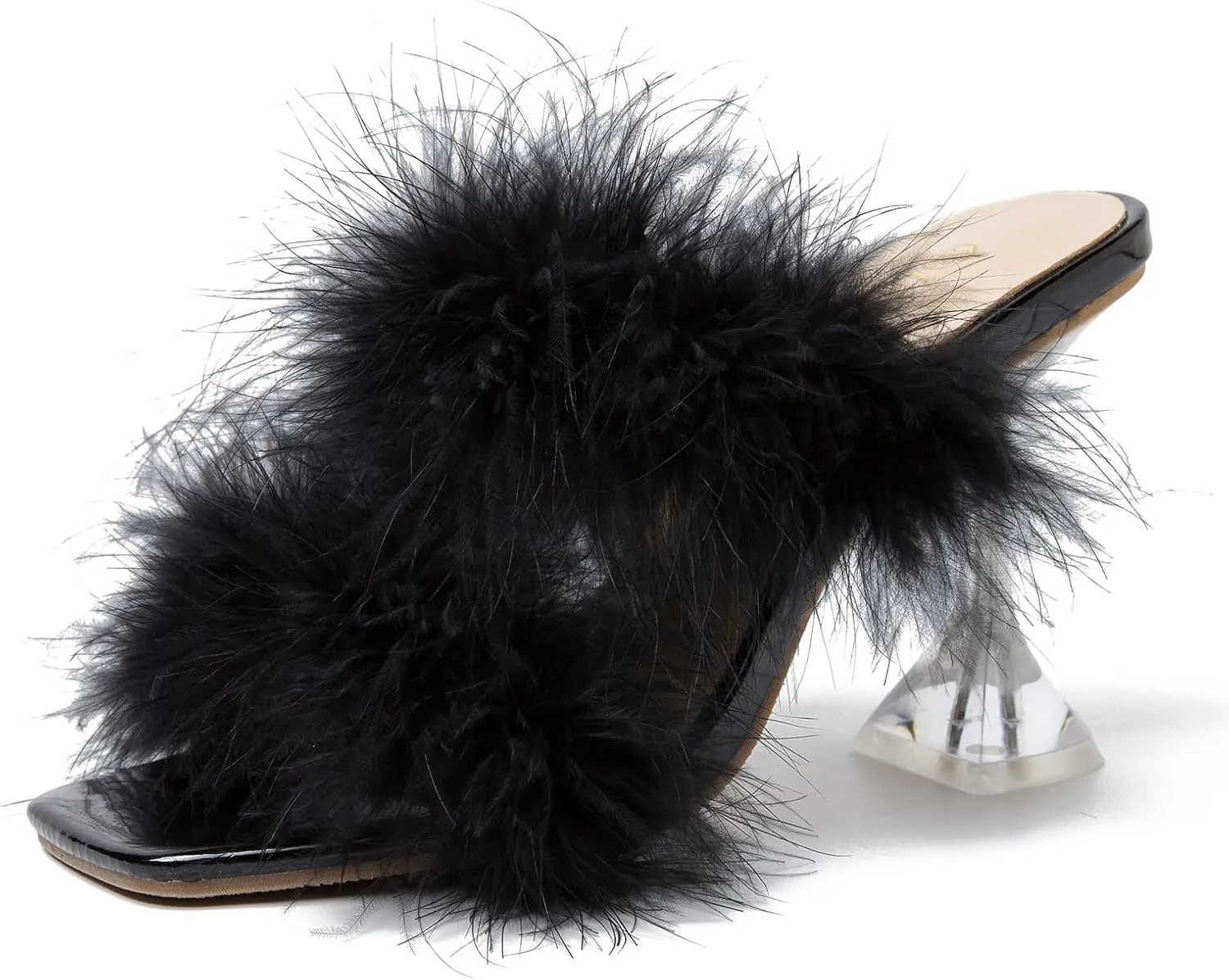 Women's Square Toe Fuzzy Heels High Clear Heel Mules Sandals Two Fluffy Feather Bands Slippers Party Prom Dresses Shoes