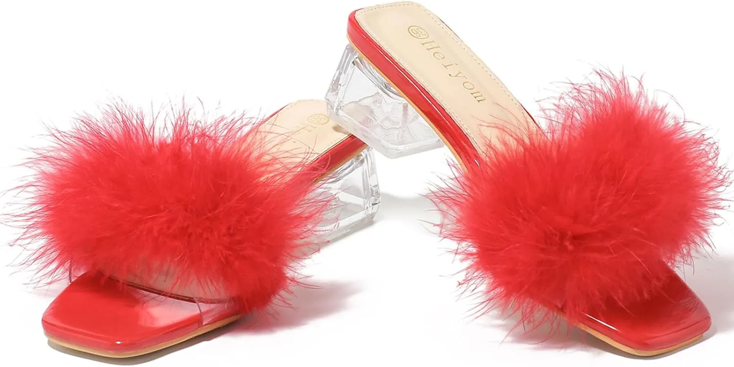 Women's Square Toe Heeled Sandals Low Block Chunky Heels Clear Mules Fluffy Feather Slip on Wedding Bridal Party Dress Shoes