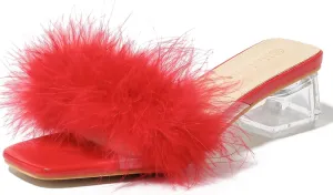 Women's Square Toe Heeled Sandals Low Block Chunky Heels Clear Mules Fluffy Feather Slip on Wedding Bridal Party Dress Shoes