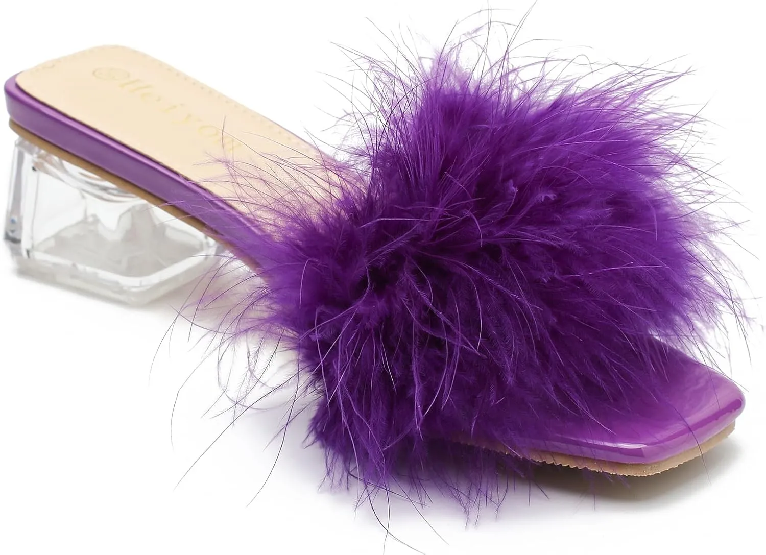 Women's Square Toe Heeled Sandals Low Block Chunky Heels Clear Mules Fluffy Feather Slip on Wedding Bridal Party Dress Shoes
