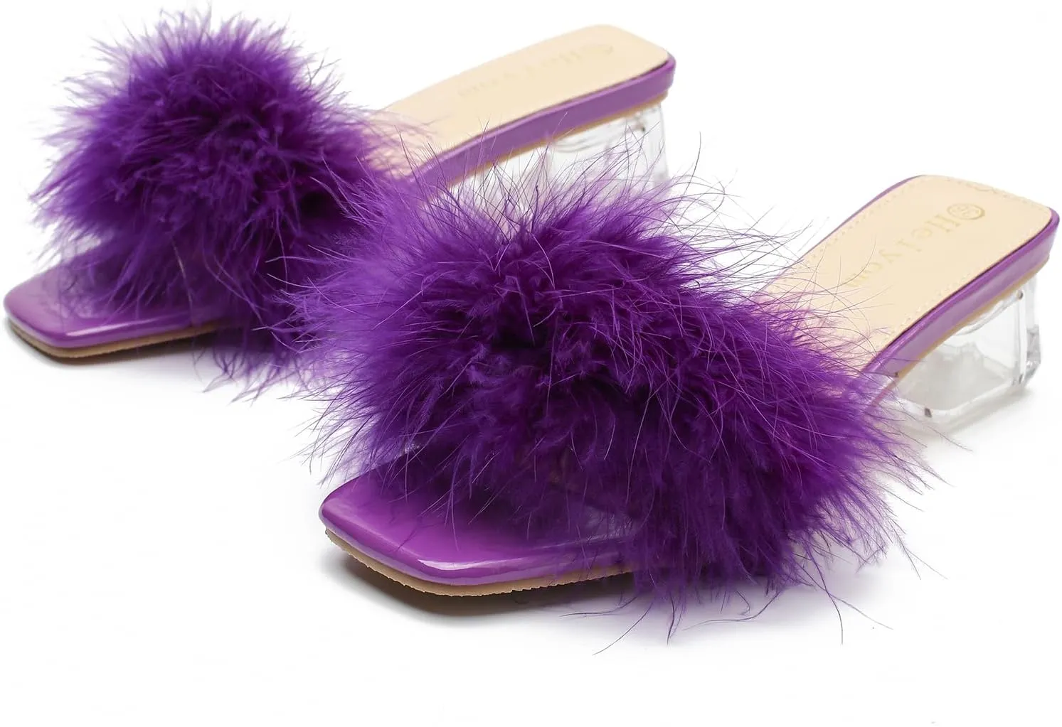 Women's Square Toe Heeled Sandals Low Block Chunky Heels Clear Mules Fluffy Feather Slip on Wedding Bridal Party Dress Shoes