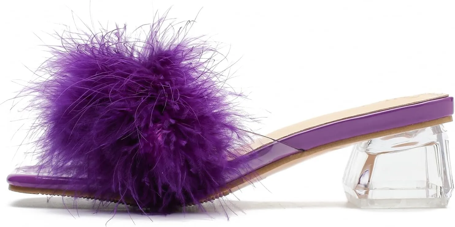 Women's Square Toe Heeled Sandals Low Block Chunky Heels Clear Mules Fluffy Feather Slip on Wedding Bridal Party Dress Shoes