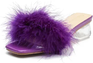 Women's Square Toe Heeled Sandals Low Block Chunky Heels Clear Mules Fluffy Feather Slip on Wedding Bridal Party Dress Shoes
