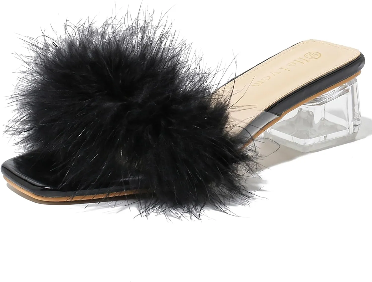 Women's Square Toe Heeled Sandals Low Block Chunky Heels Clear Mules Fluffy Feather Slip on Wedding Bridal Party Dress Shoes