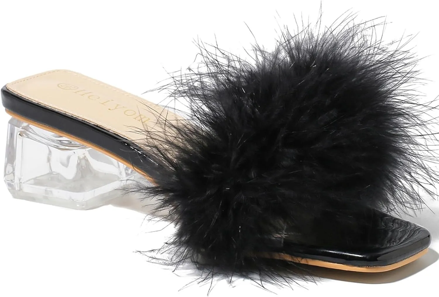 Women's Square Toe Heeled Sandals Low Block Chunky Heels Clear Mules Fluffy Feather Slip on Wedding Bridal Party Dress Shoes