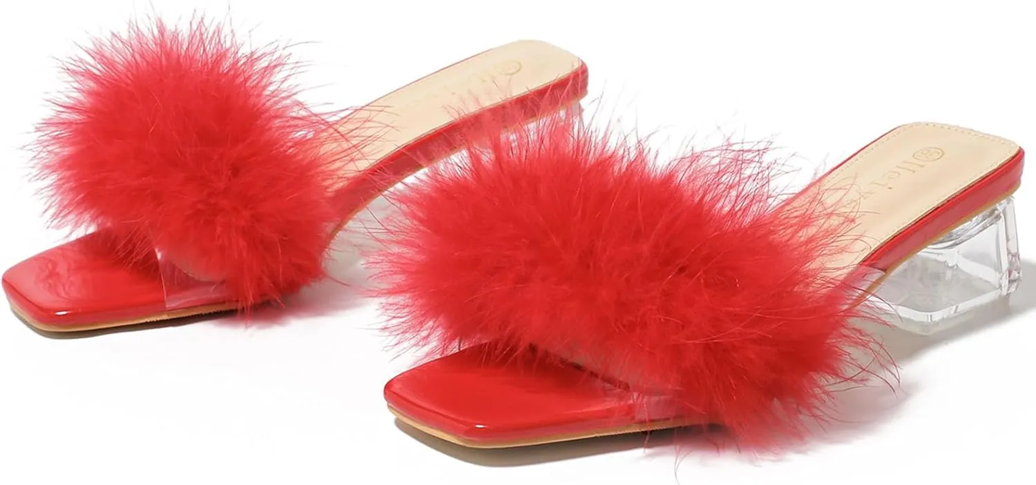 Women's Square Toe Heeled Sandals Low Block Chunky Heels Clear Mules Fluffy Feather Slip on Wedding Bridal Party Dress Shoes