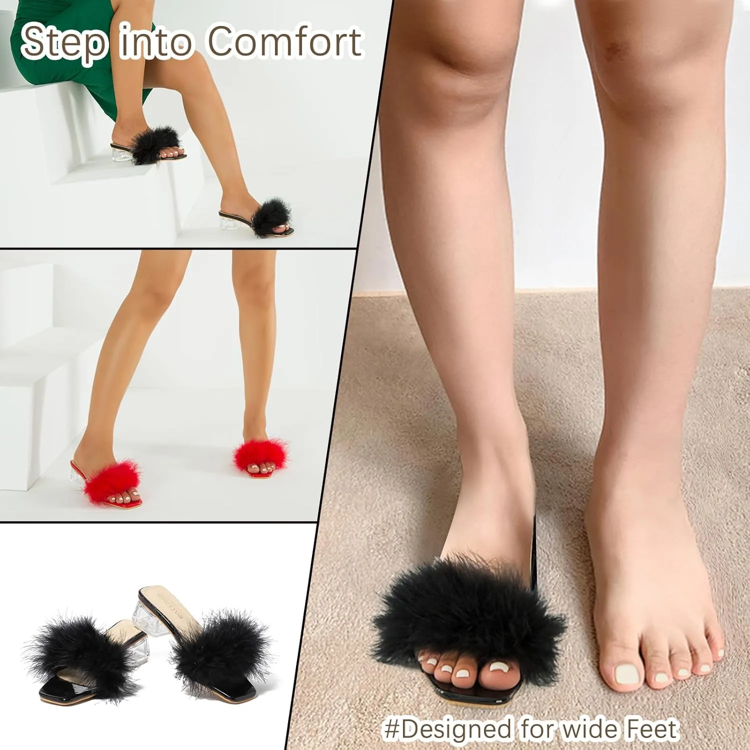 Women's Square Toe Heeled Sandals Low Block Chunky Heels Clear Mules Fluffy Feather Slip on Wedding Bridal Party Dress Shoes