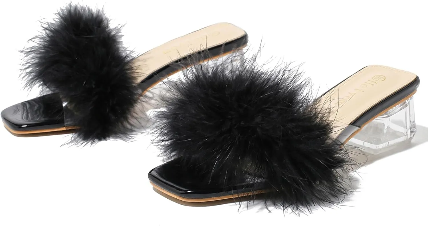 Women's Square Toe Heeled Sandals Low Block Chunky Heels Clear Mules Fluffy Feather Slip on Wedding Bridal Party Dress Shoes