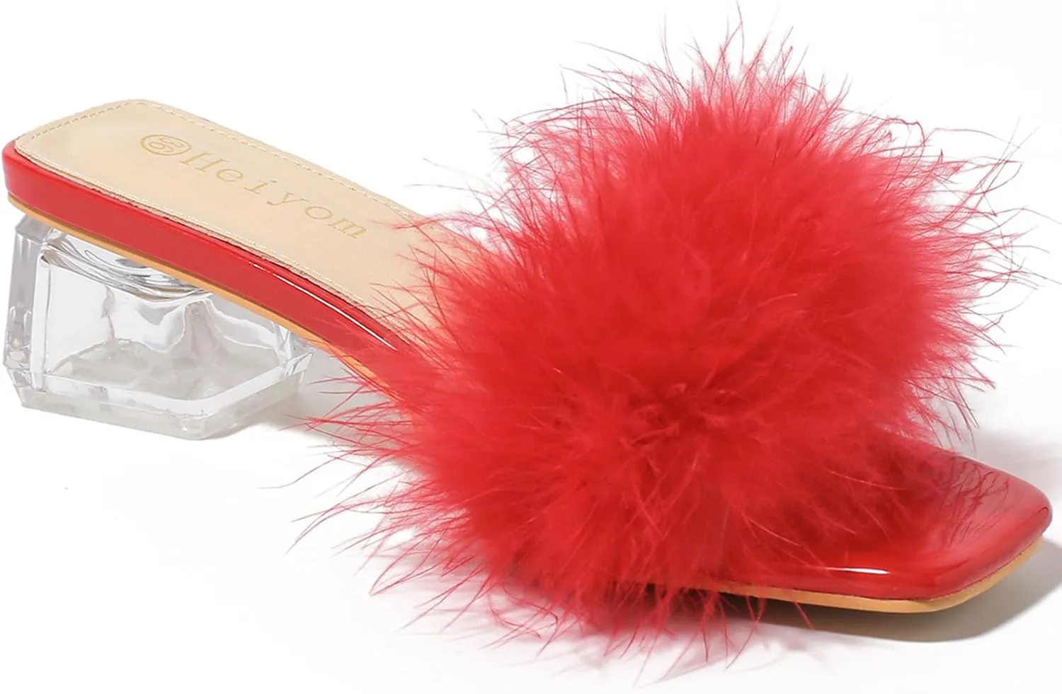 Women's Square Toe Heeled Sandals Low Block Chunky Heels Clear Mules Fluffy Feather Slip on Wedding Bridal Party Dress Shoes