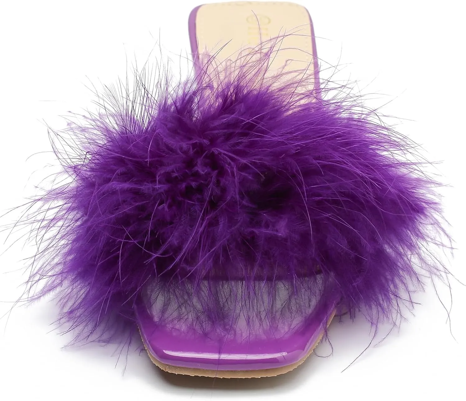 Women's Square Toe Heeled Sandals Low Block Chunky Heels Clear Mules Fluffy Feather Slip on Wedding Bridal Party Dress Shoes