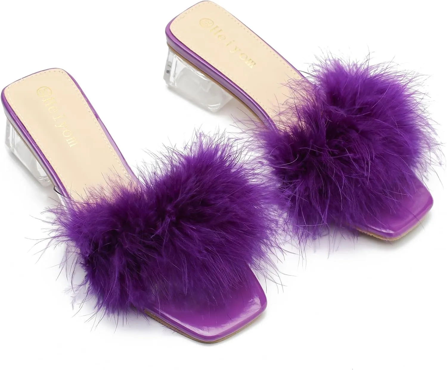 Women's Square Toe Heeled Sandals Low Block Chunky Heels Clear Mules Fluffy Feather Slip on Wedding Bridal Party Dress Shoes