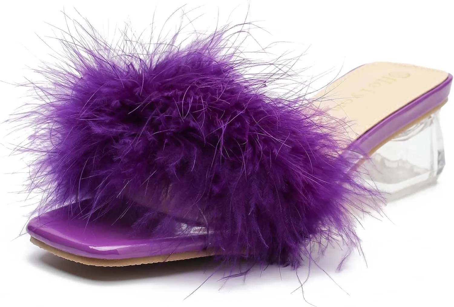 Women's Square Toe Heeled Sandals Low Block Chunky Heels Clear Mules Fluffy Feather Slip on Wedding Bridal Party Dress Shoes